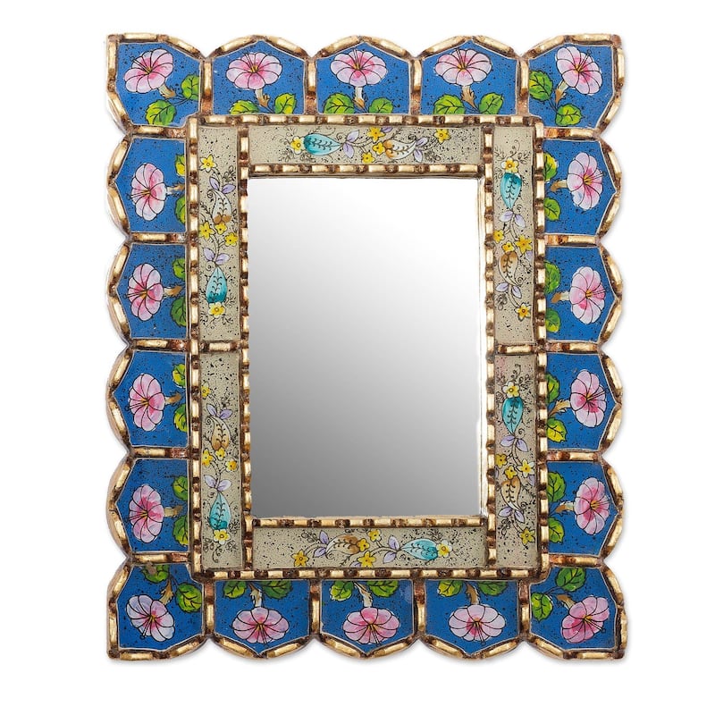 NOVICA Beautiful Arrangement Bronze Gilded Reverse-Painted Glass Wall Mirror