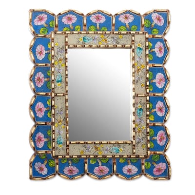 NOVICA Beautiful Arrangement Bronze Gilded Reverse-Painted Glass Wall Mirror