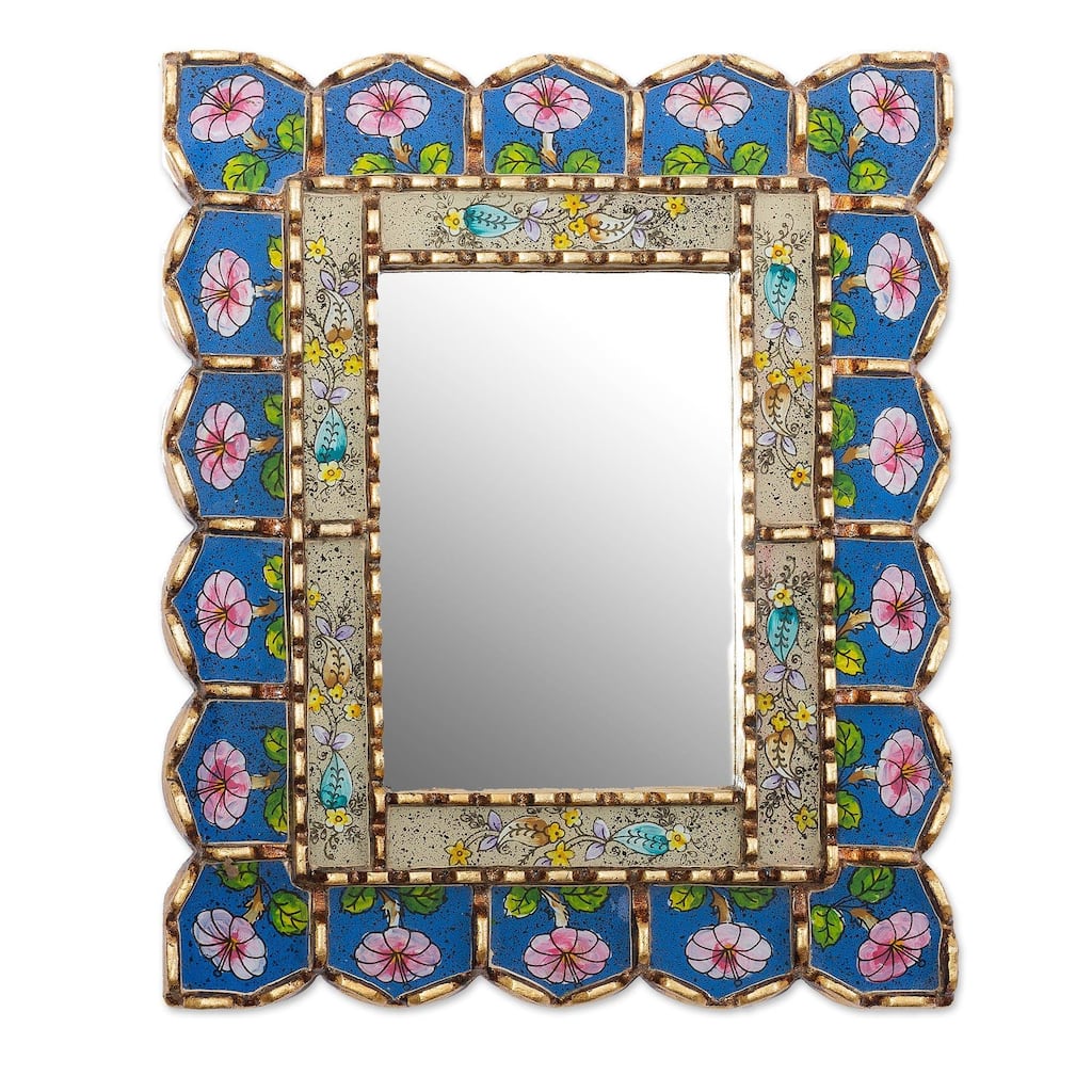 NOVICA Beautiful Arrangement Bronze Gilded Reverse-Painted Glass Wall Mirror