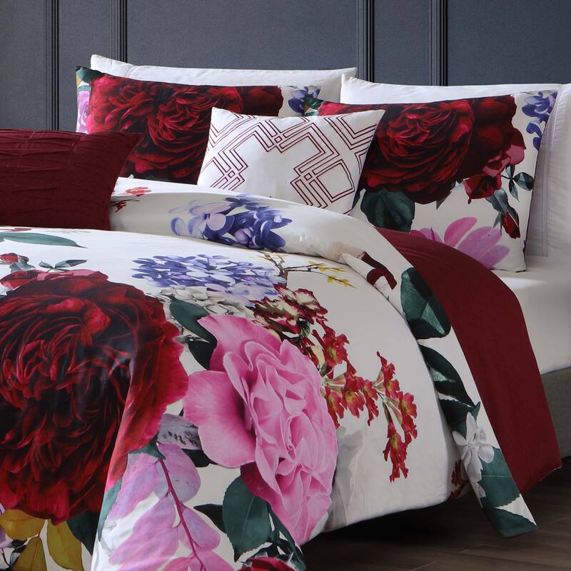 Bebejan Magenta Floral 100% Cotton 5 Piece Reversible Comforter Set
