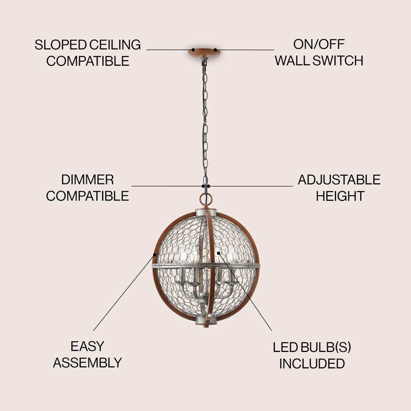 Paysan 16" 4-Light Adjustable Iron Rustic Industrial LED Pendant, Brown/Silver by JONATHAN Y