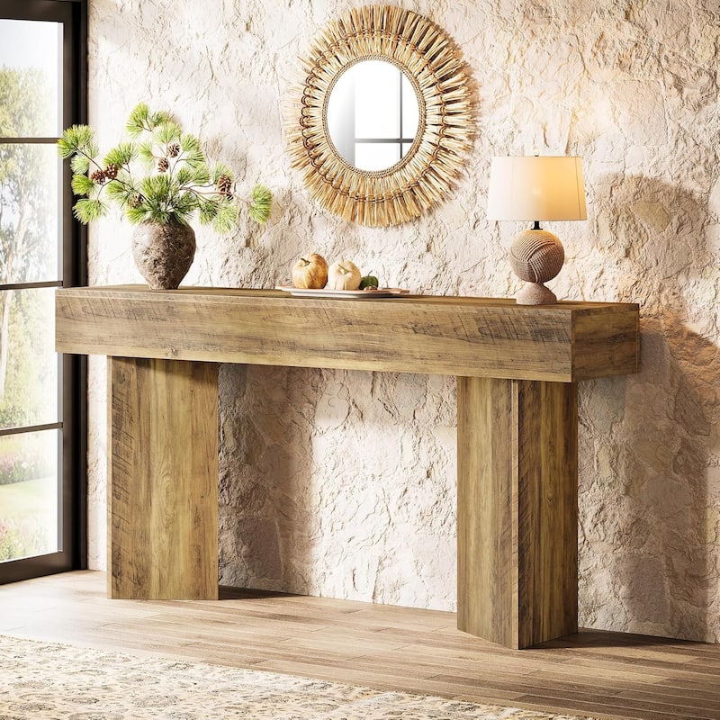 63-Inch Brown Engineered Wood Entryway Table, Farmhouse Long Sofa Table Behind Couch for Living Room