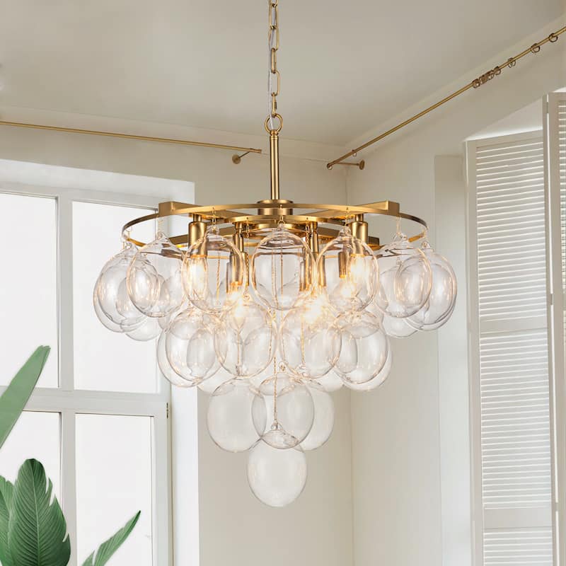 Starsky 8 - Light 23in. Modern Glam Cluster Glass Bubble Chandelier with 28 Clear Glass Globe Bubble - Clear Bubble - Gold
