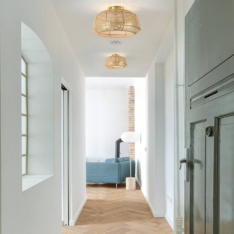 2-Light Bohemian Rattan Semi-Flush Mount Ceiling Light - Brass