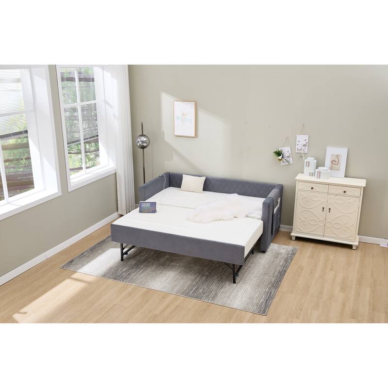 Twin Size Upholstered Daybed with Trundle, Velvet Sofa Bed with USB Port & Side Pockets, Modern V-Grained Backrest Guest Bed