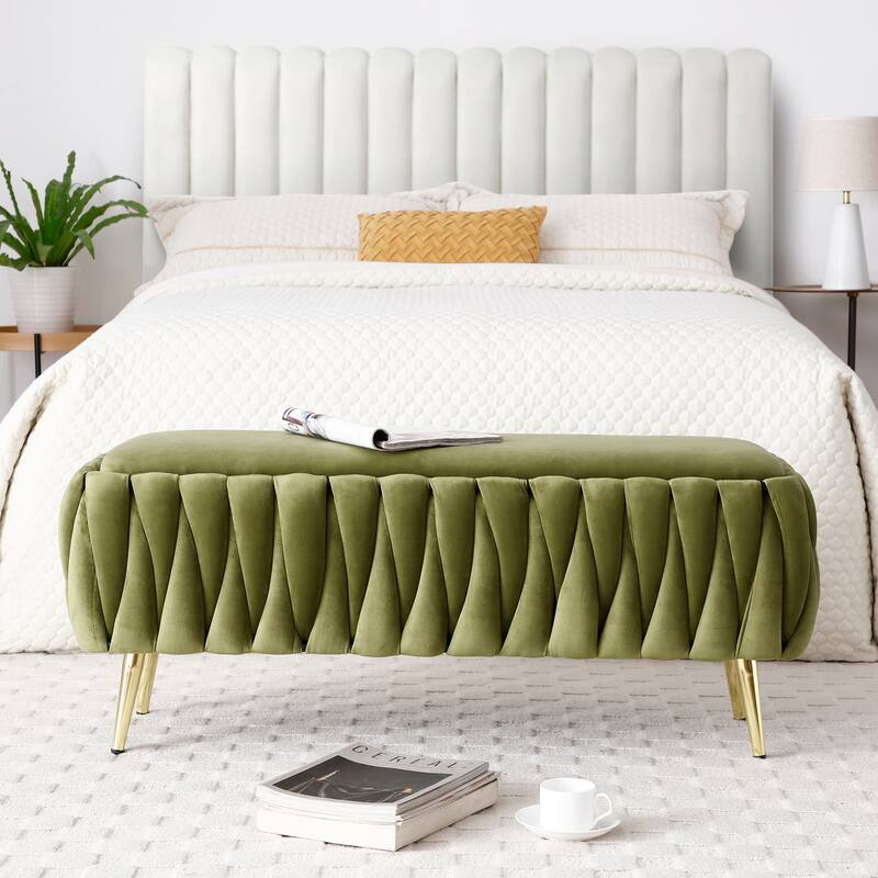 Oval Storage Bench with Gold Legs,Velvet Fabric Upholstered Ottoman Storage Benches for Bedroom End of Bed,Sherpa Fabric Bench