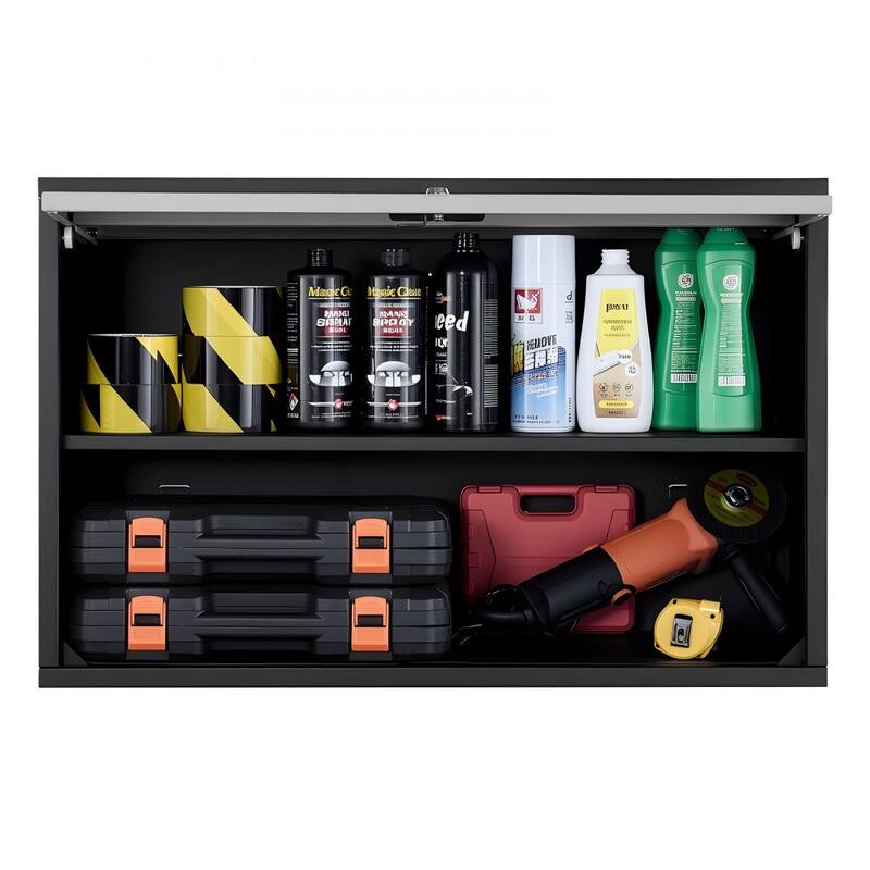 Black Wall Mounted Storage Cabinet for Garage Kitchen Workshop with Flip-Up Doors and Lock - 27.56” x 12.01” x 19.69”