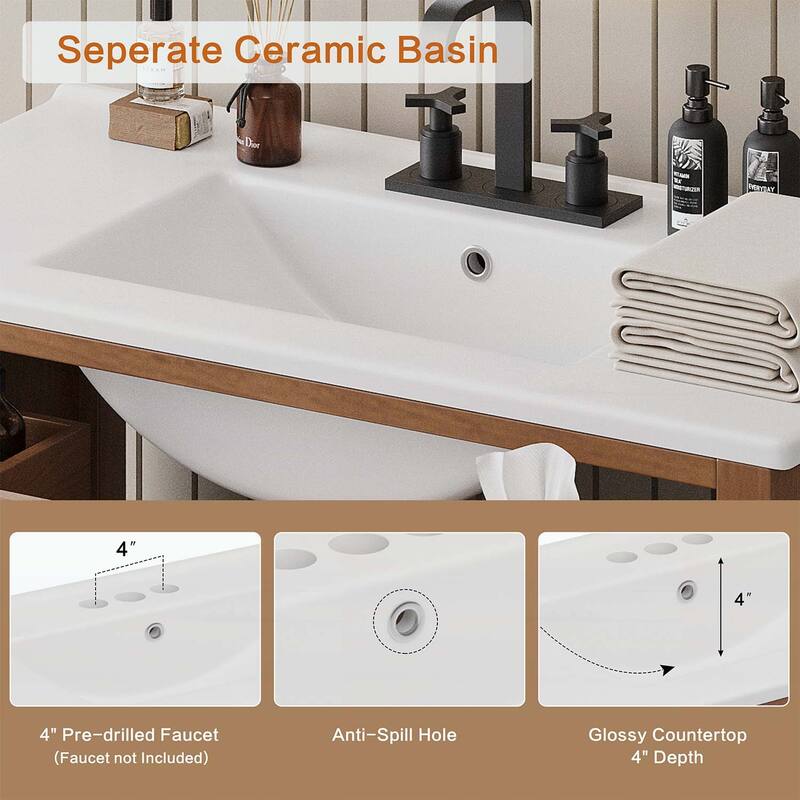 36 Inch Rattan Bathroom Vanity with Ceramic Sink,Modern Design with 2 Soft Close Doors and 3 Drawers