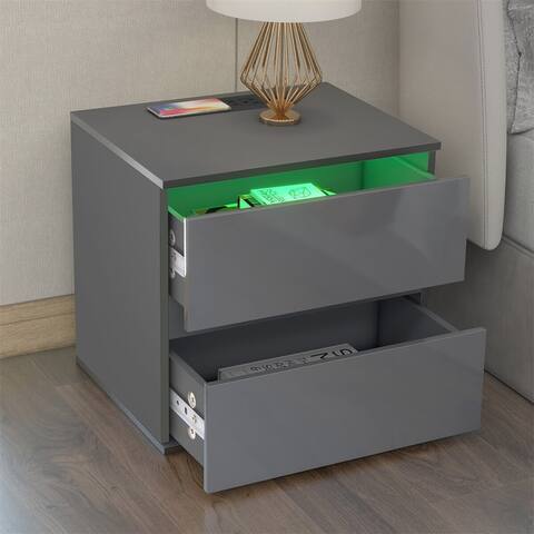 Merax 2-Drawer Nightstand with LED Light, Wireless Charging, USB Charging Ports