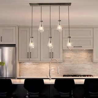 5-Light 39" Farmhouse Raindrop Glass Brush Black Nickel Chandelier Rustic Teardrop Cluster Pendant Light for Kitchen Island