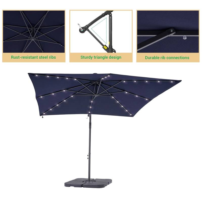 LIVOOSUN Solar Powered 8.2ft LED Patio Offset Umbrella With Base