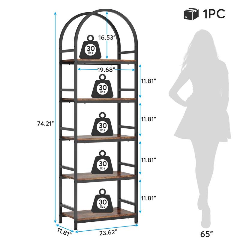 5-Tier Open Bookshelf, 74" Wood Display Shelf Rack, Shelving Unit