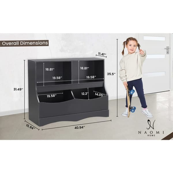 dimension image slide 4 of 5, Stylish Kid's Toy Storage Organizer with Bookcase, Multi-Functional Nursery Storage Cubby Cabinet for Playroom and Bedroom