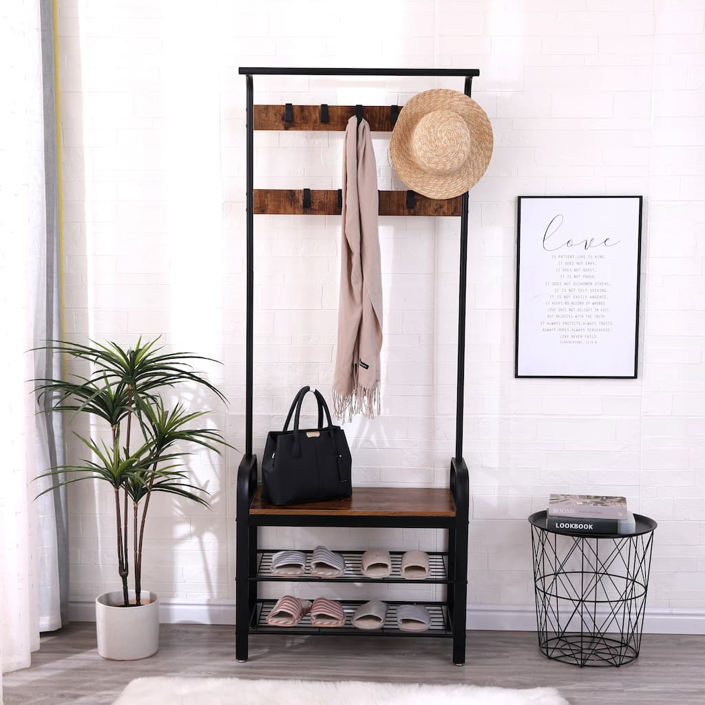 4-in-1 Hall Tree with Shoe Bench, Hanging Rod, and 9 Hooks 72.8"