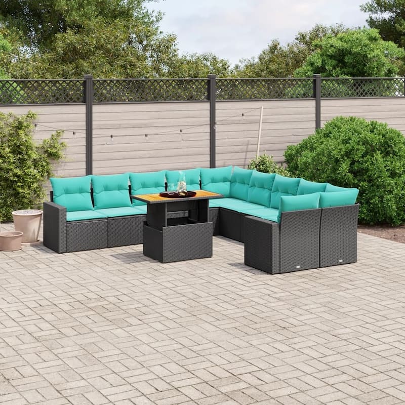 vidaXL Patio Sofa Set with Cushions Outdoor Furniture 11 Piece Poly Rattan - 24.4 x 24.4 x 27.2 - Black and Blue-6 middle+2 corner+2 Sofa+Table
