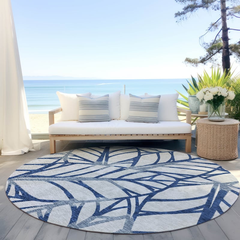 Machine Washable Indoor/ Outdoor Chantille Modern Palms Rug - Navy - 8' x 8'