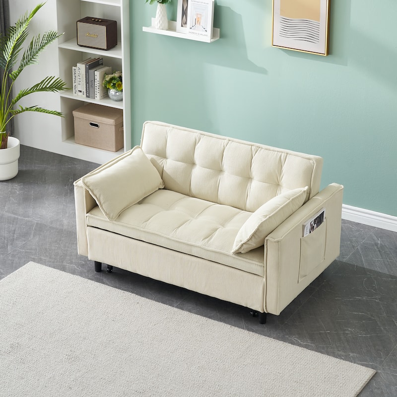 Beige Corduroy Loveseat Pull-Out Sofa Bed with Adjustable Back