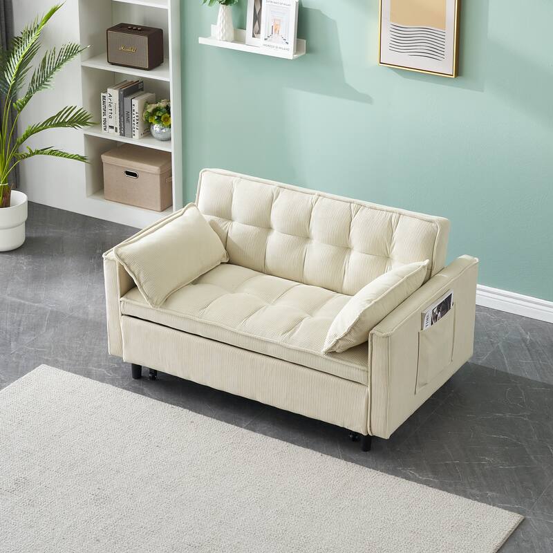 Corduroy Pull Out Loveseat Sofa Convertible Sleeper Love Seat Bed Adjustable Backrest Tufted Couch w2 Pillo & Pockets