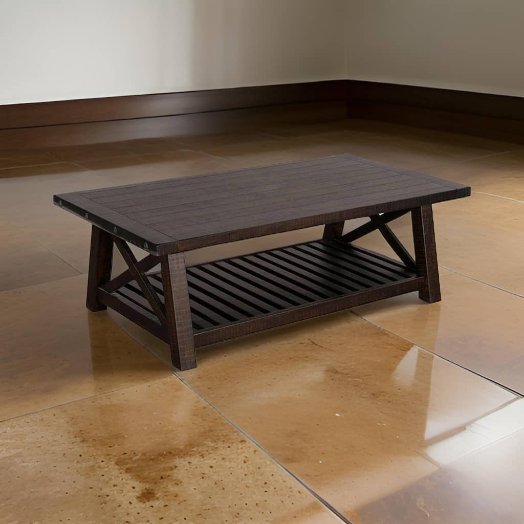 Anva Coffee Table, Dark Brown Mahogany, Shelf, Rectangular 52 Inch