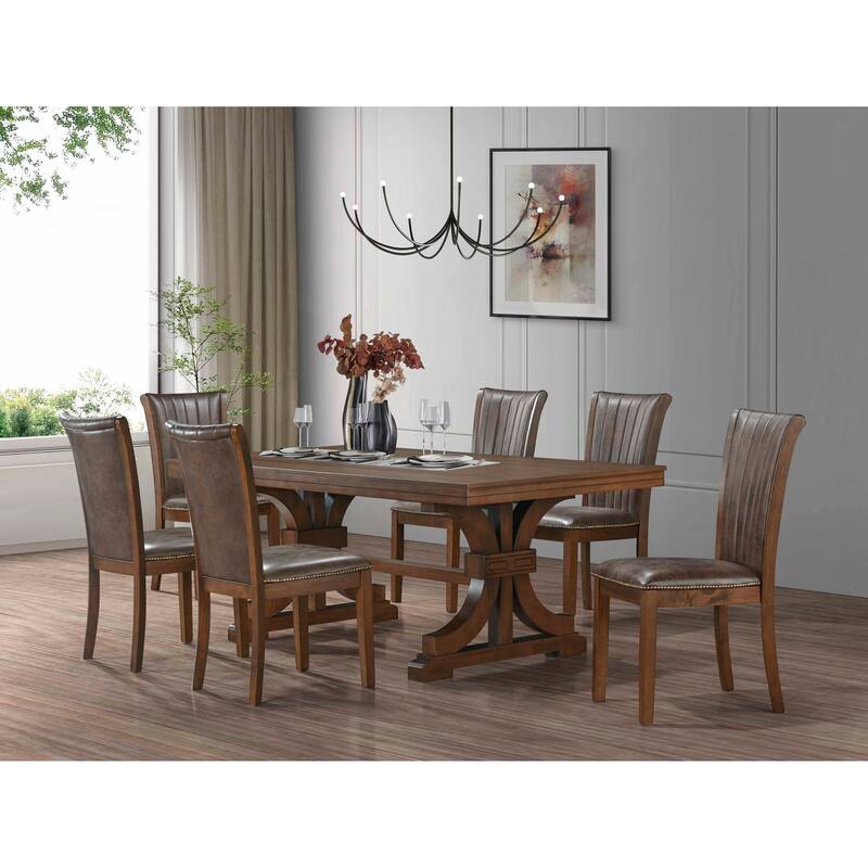 7 Pcs Dining Table Set, Kitchen Tables and Chairs Set with Rectangular Table and 6 Faux Leather Upholstered Chairs