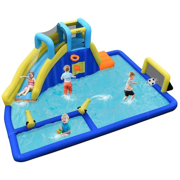 slide 2 of 10, Gymax Inflatable Water Slide Bounce House Climbing Wall without Blower - See Details Blue, Yellow - See Details - Kids