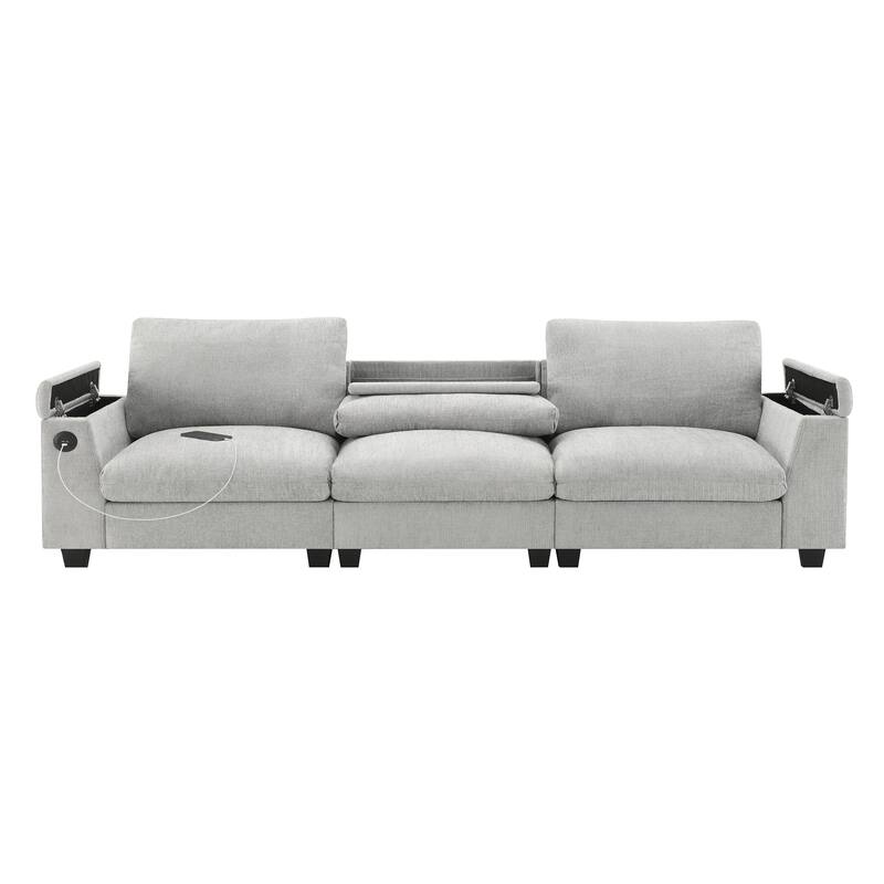 Chenille Cloud Sofa with Cup Holders, USB Port & Bluetooth Speaker, Convertible Loveseat with Drop Down Table & Storage Armrest