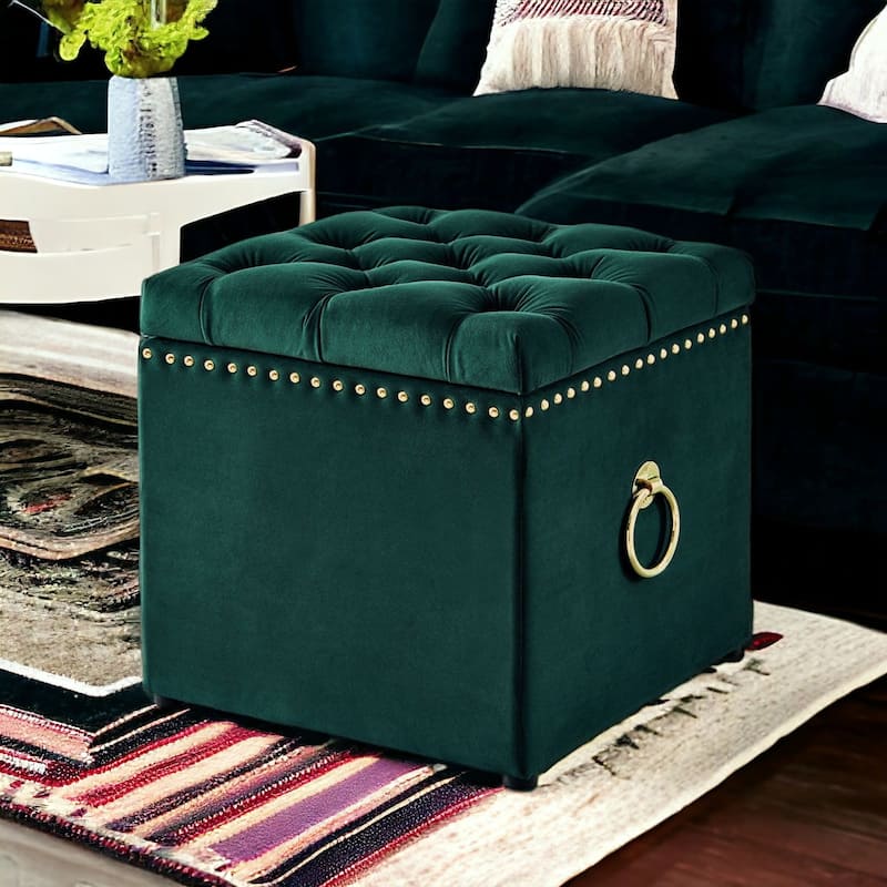 HomeRoots 18" Hunter Green Velvet And Black Tufted Storage