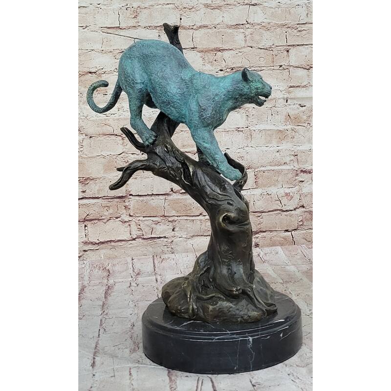 Leopard Jaguar In A Tree - Bronze Metal Statue Sculpture Green Patina Signed Original Art