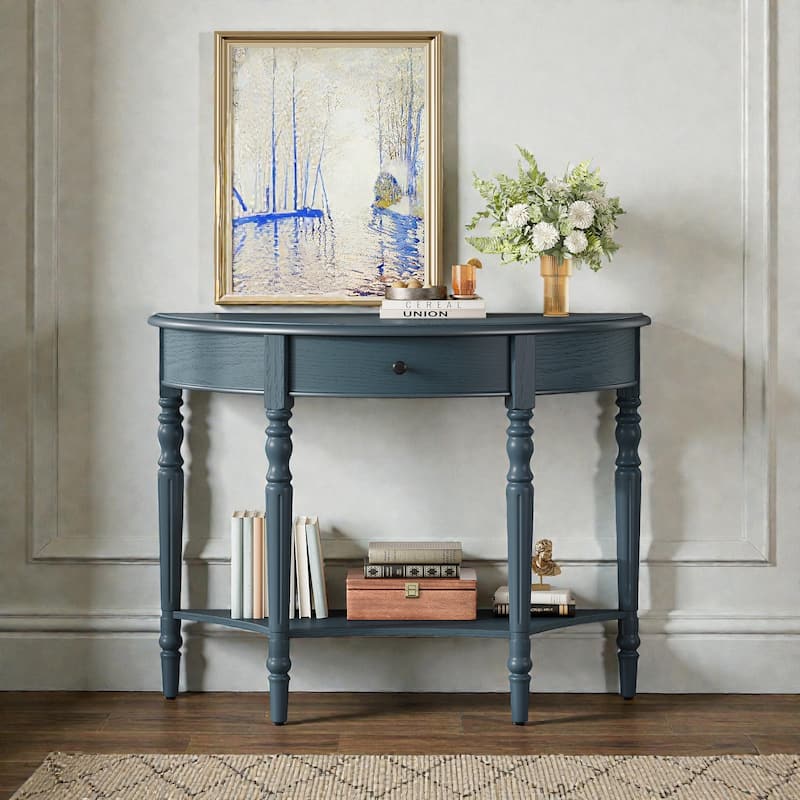 Farmhouse Half Moon Console Table with Drawer and Shelf, Rustic Solid Wood Entryway Sofa Table