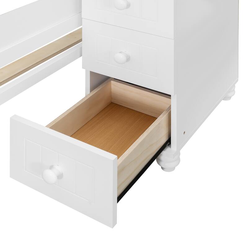 Roomfitters Twin Over Full Bunk Bed with Integrated Desk, Cabinet, & LED Lighting, Modern Storage Sleeper System, White & Orange