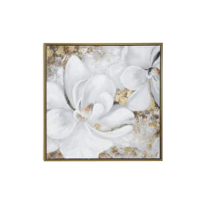 Canvas Floral Handmade Living Room Framed Wall Art with Gold Frame - White - Roche River Decor