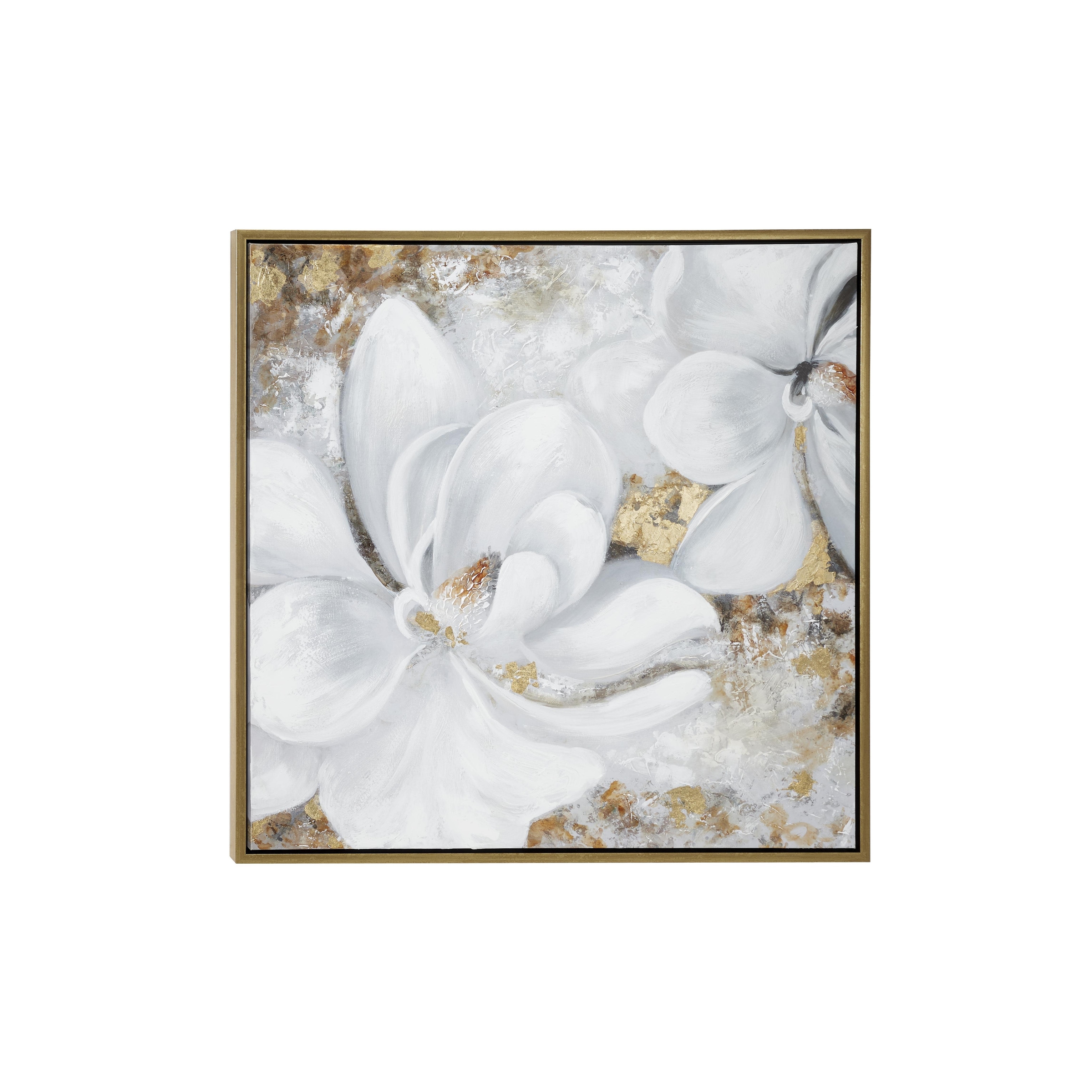 Canvas Floral Handmade Living Room Framed Wall Art with Gold Frame - White - Roche River Decor
