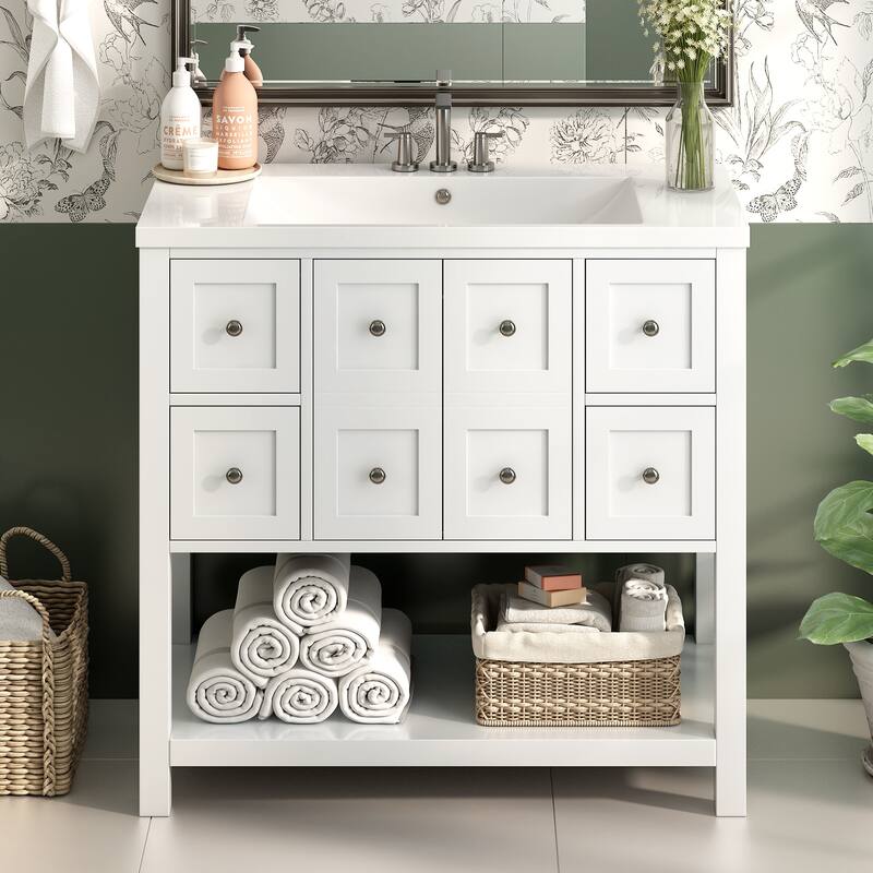 36'' Bathroom Vanity with Resin Sink Top, Free Standing Bathroom Storage Cabinet w/ 4 Drawers, 2 Soft Closing Doors & Open Shelf - White