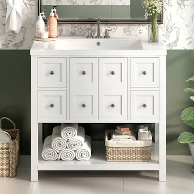 36'' Bathroom Vanity with Resin Sink Top, Free Standing Bathroom Storage Cabinet w/ 4 Drawers, 2 Soft Closing Doors & Open Shelf