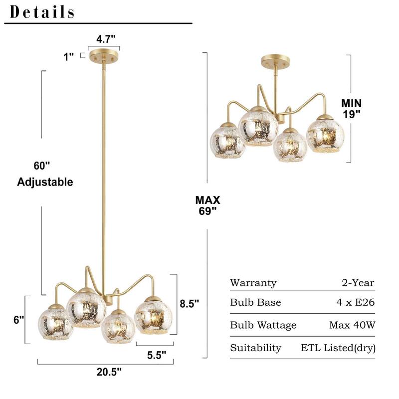 Ziv Mid-Century Modern 4-Light Gold Chandelier with Mercury Glass Shades - 20.5" D x 8.5" H
