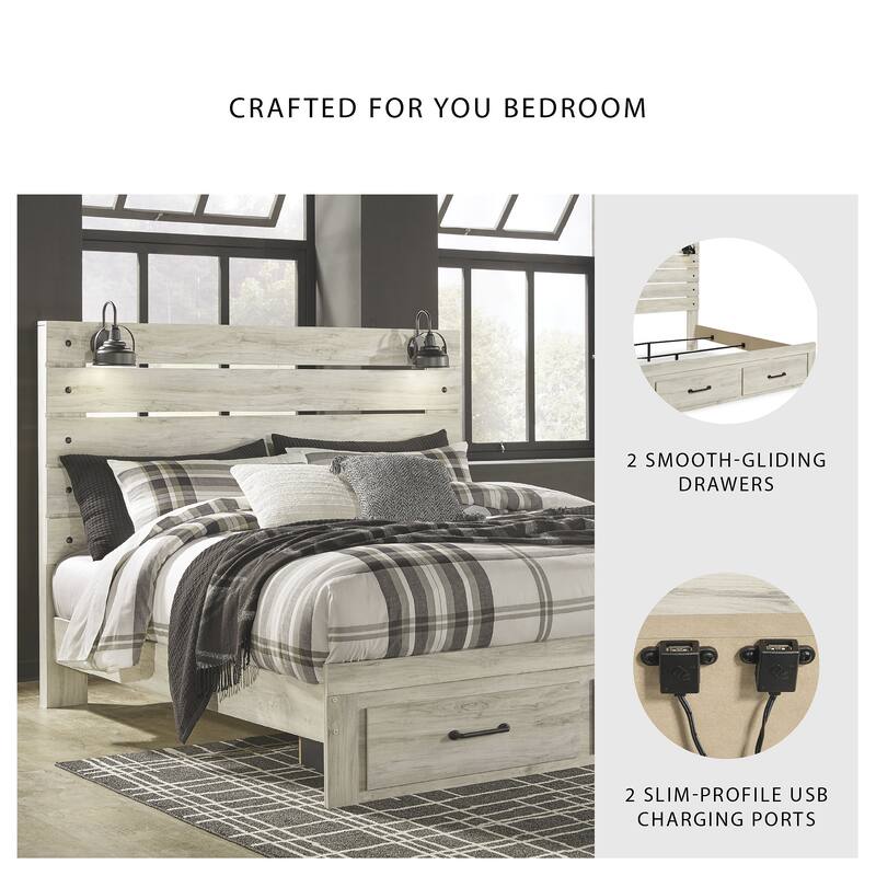 Cambeck Whitewashed Panel Bed w/ 2 Footboard Storage Drawers