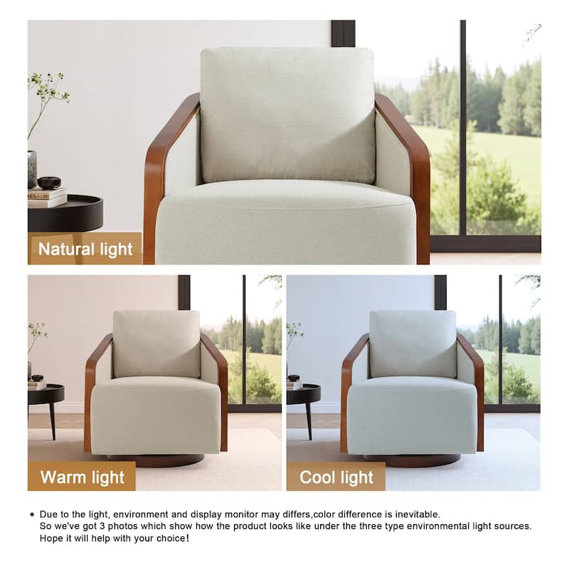 Upholstered Swivel Barrel Chair with Curved Wood Arms