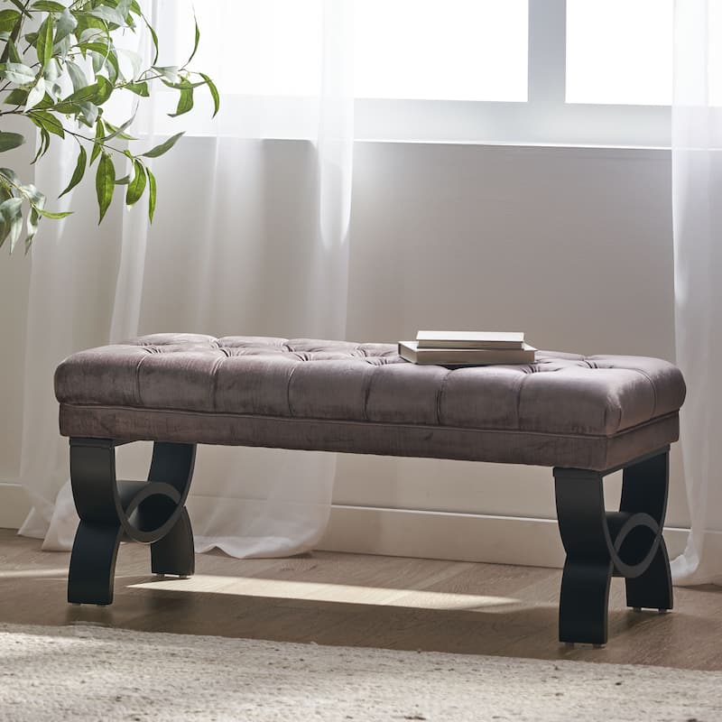Roomfitters Upholstered Tufted Entryway Bench with Curved Wood Legs, Elegant Seating for Living Room or Bedroom - Grey