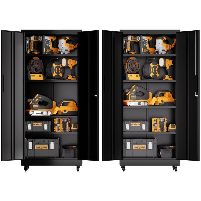 71"H Metal Garage Storage Cabinet with Wheels and Lock, 4 Adjustable Shelves (180lb Each), 3-Point Locking Security