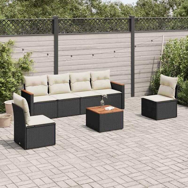 vidaXL Patio Sofa Set with Cushions Outdoor Conversation Furniture Poly Rattan - Black and cream with table - 21.7 x 21.7 x 14.6 in
