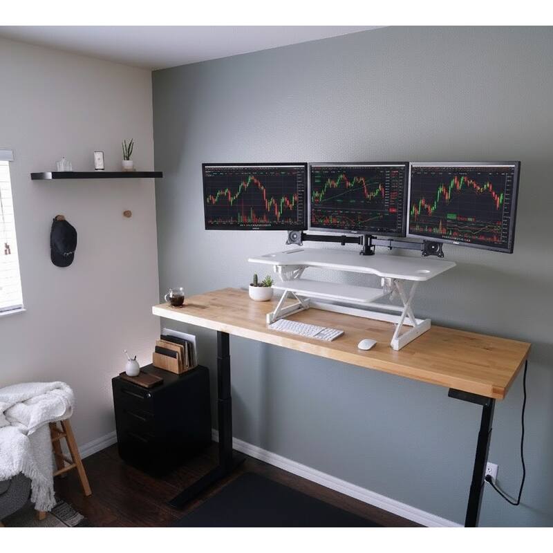 Rocelco 40 in. W Beige Height Adjustable Standing Desk Converter with Dual Monitor Stand and Deep Keyboard Tray