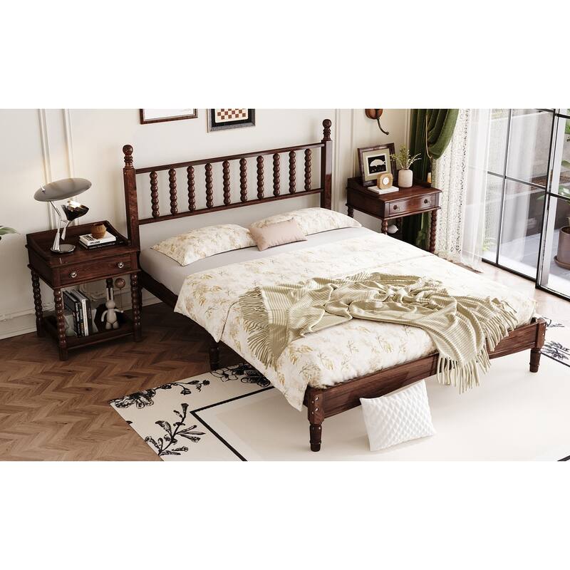 Queen Size Retro Platform Bed - Gourd-Shaped Headboard, Solid Wood Frame