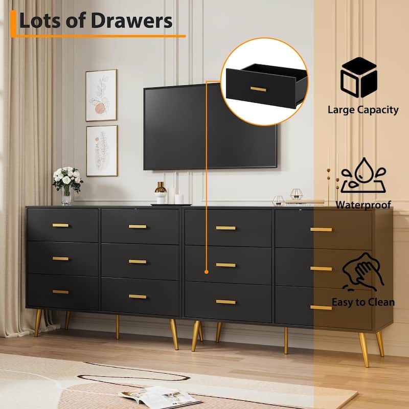 Modern 6 Drawer Dresser in White and Black, Featuring Gold Handles, Wide Wooden Drawers for Bedroom