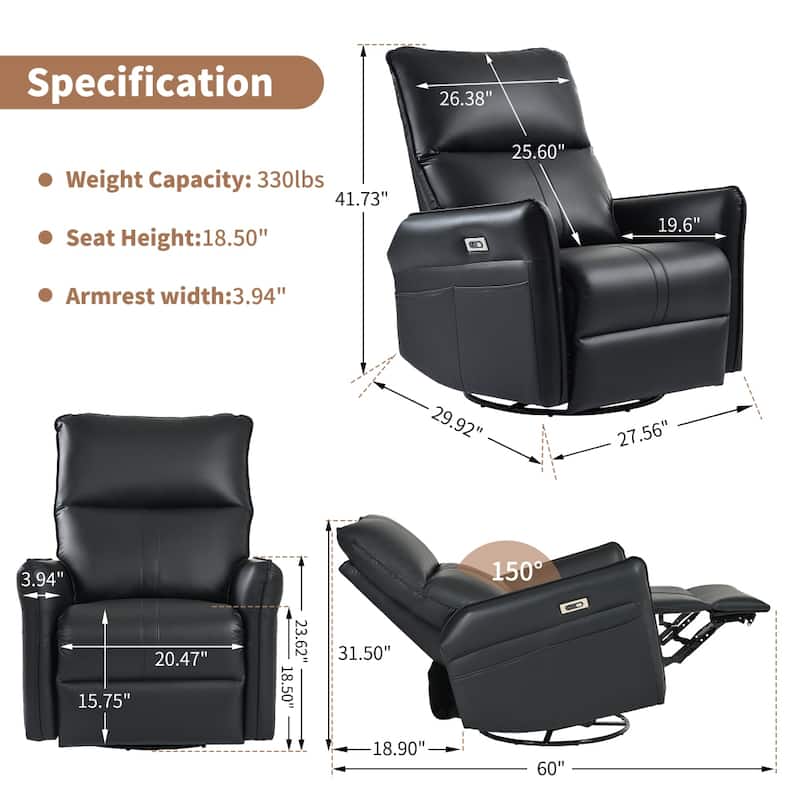 Power 270° Swivel Rocker Recliner Chair with USB Ports, Electric PU Small Recliners for Small Spaces