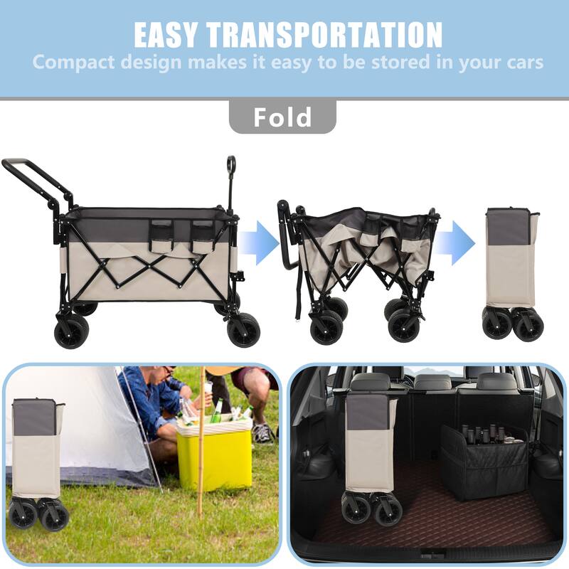Multi-Functional Push-Pull Folding Wagon - Rotating Handle & 360° Wheels Heavy-Duty Cart, Khaki & Gray