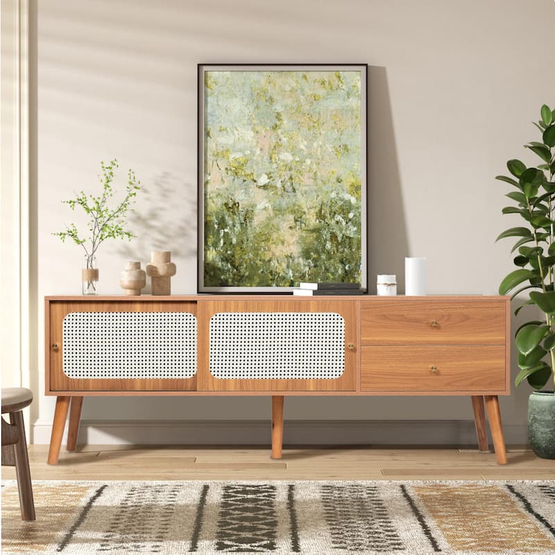 62.9"W Mid-Century TV Stand with Sliding Doors & Drawers, Entertainment Center TV Console Table with Rattan Doors, For 70"TV