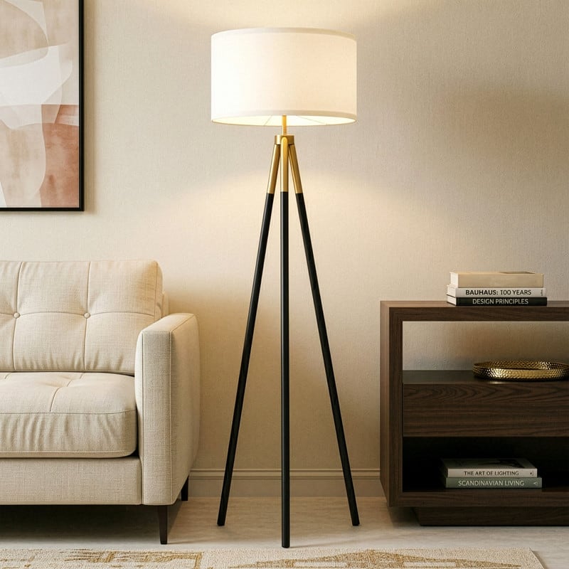 Brightech Levi 61 in. Antique Brass Mid-Century Modern LED Super Bright Floor Lamp with White Fabric Drum Shade