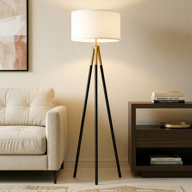 Brightech Levi 61 in. Antique Brass Mid-Century Modern LED Super Bright Floor Lamp with White Fabric Drum Shade