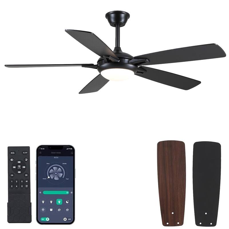 52" Modern Ceiling Fan with Light and Remote 5 Plywood Blades 3 Color LED for Bedroom Living Room Patio - 52 Inches - Black