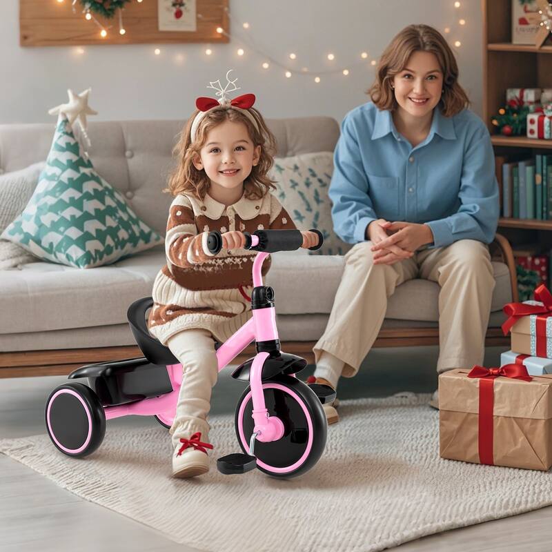 Pink Carbon Steel PP EVA Kids Trike with Adjustable Seat, Storage Basket, 55 lbs Capacity - 27" x 16" x 22"